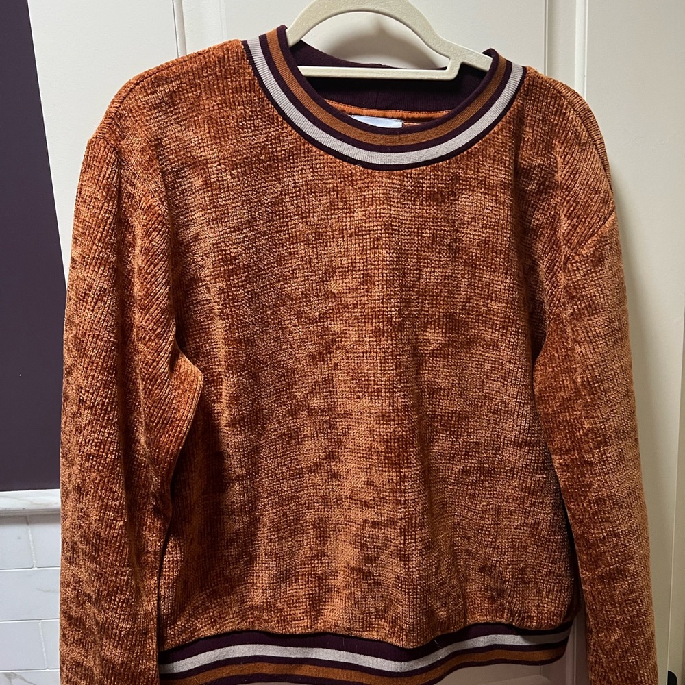 Burnt orange copper maroon white velvet velour sweatshirt crew neck